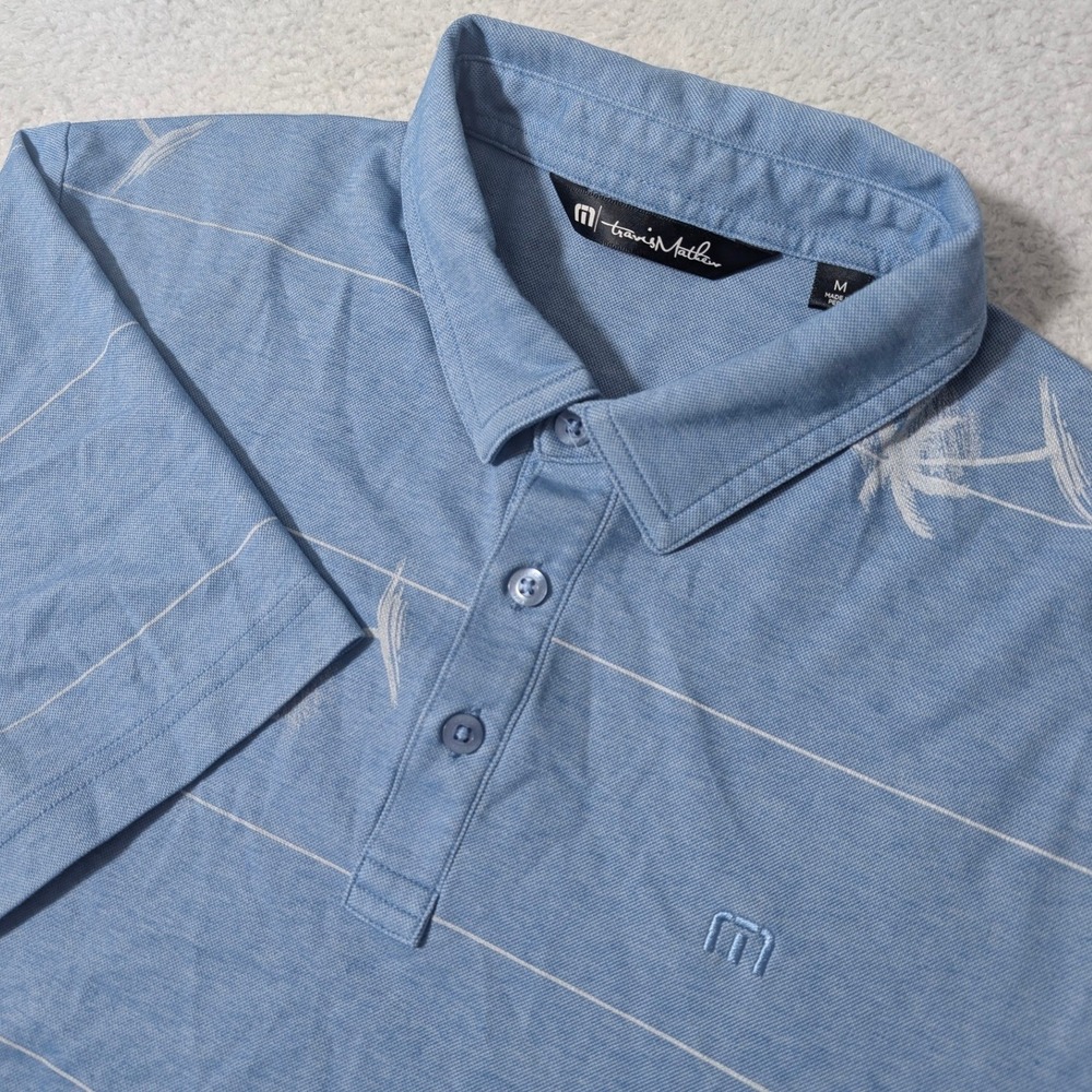 TravisMathew Polo Mens Med‎ Blue Palm Tree Stripe Pima Cotton Blend Short Sleeve
